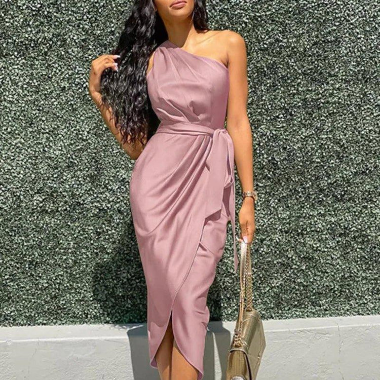 one shoulder bodycon dress satin surplice ruched casual women dress elegant - Allen-Fitness