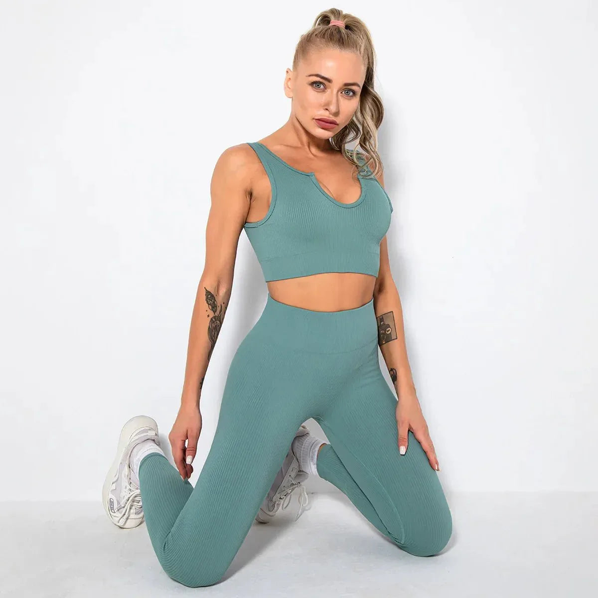 Summer Seamless Fitness Set - Sexy UV Neck Top With Leggings Activewear 2 Piece Women’s Gym Outfit - Allen-Fitness