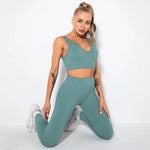 Summer Seamless Fitness Set - Sexy UV Neck Top With Leggings Activewear 2 Piece Women’s Gym Outfit - Allen-Fitness