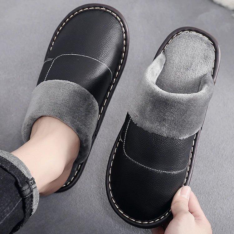 Winter genuine leather mens flip flops with custom logo leather slippers - Allen-Fitness