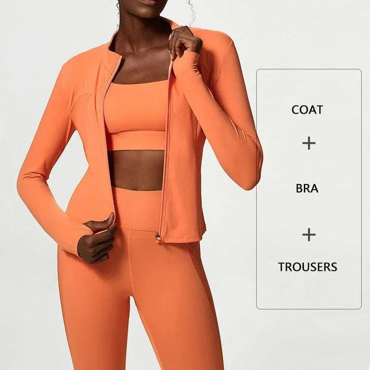 Plus Size Three-piece Athletic Wear Woman Xxl Size Sports Bra And Leggings Ladies Sexy Zipper Jacket Fitness Clothes Workout Set - Allen-Fitness