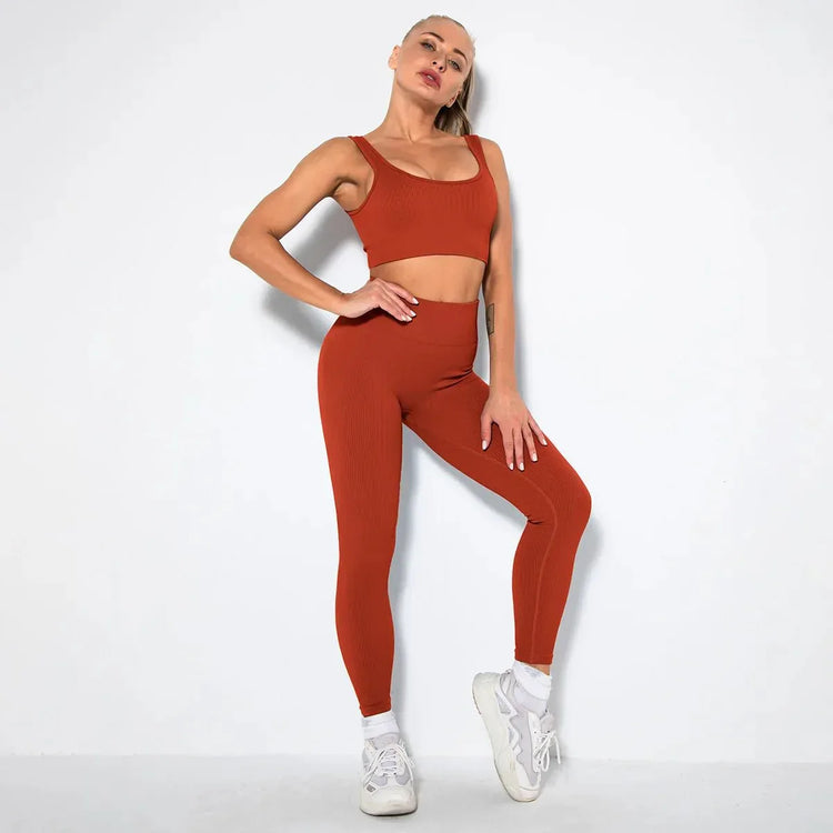 Summer Seamless Fitness Set - Sexy UV Neck Top With Leggings Activewear 2 Piece Women’s Gym Outfit - Allen-Fitness
