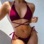 Summer Women Solid Sexy Ladies Split Nylon Swimsuit Beach Wearing Swimwear Two Piece Triangle Thong Ribbed Micro Bikini Set - Allen-Fitness