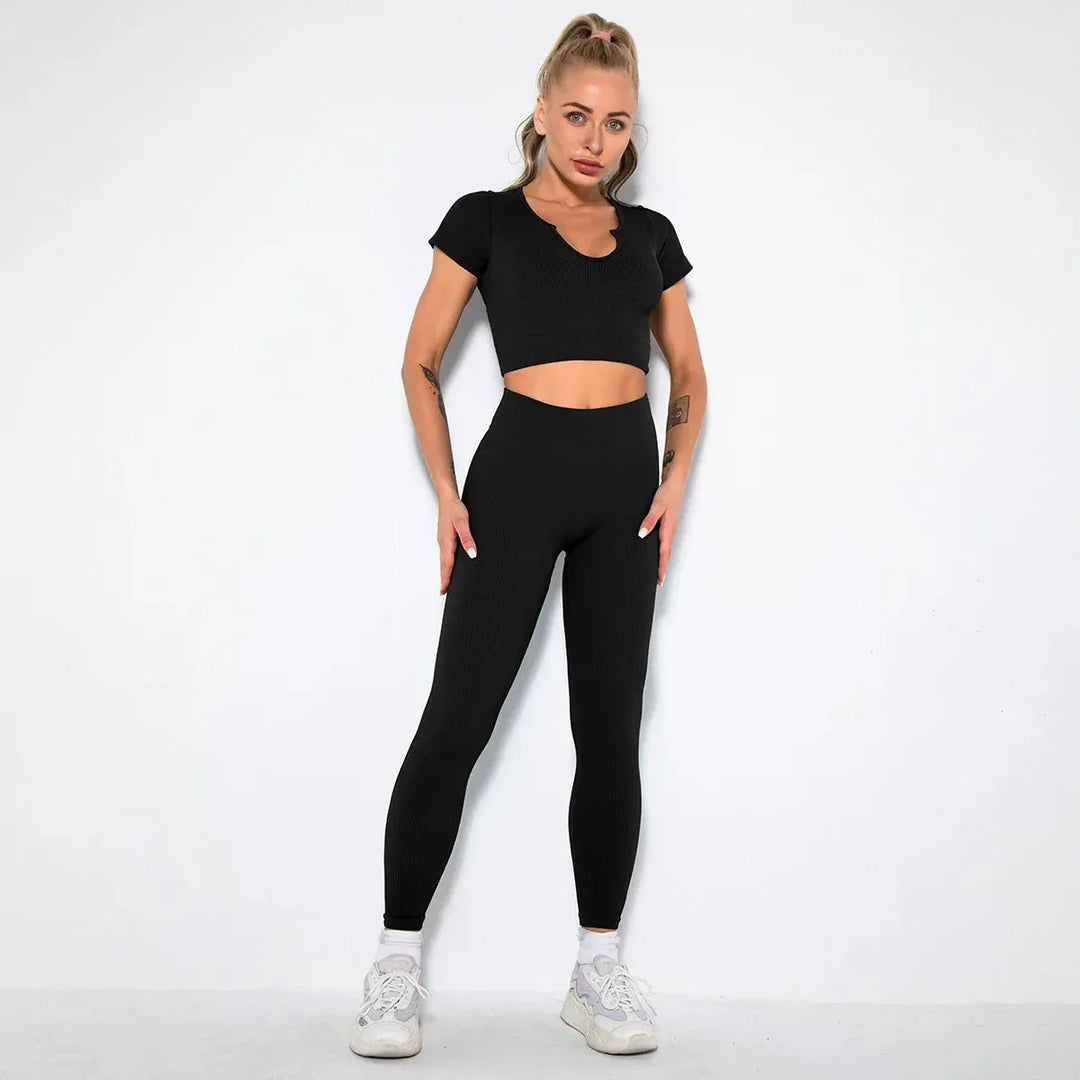 Summer Seamless Fitness Set - Sexy UV Neck Top With Leggings Activewear 2 Piece Women’s Gym Outfit - Allen-Fitness