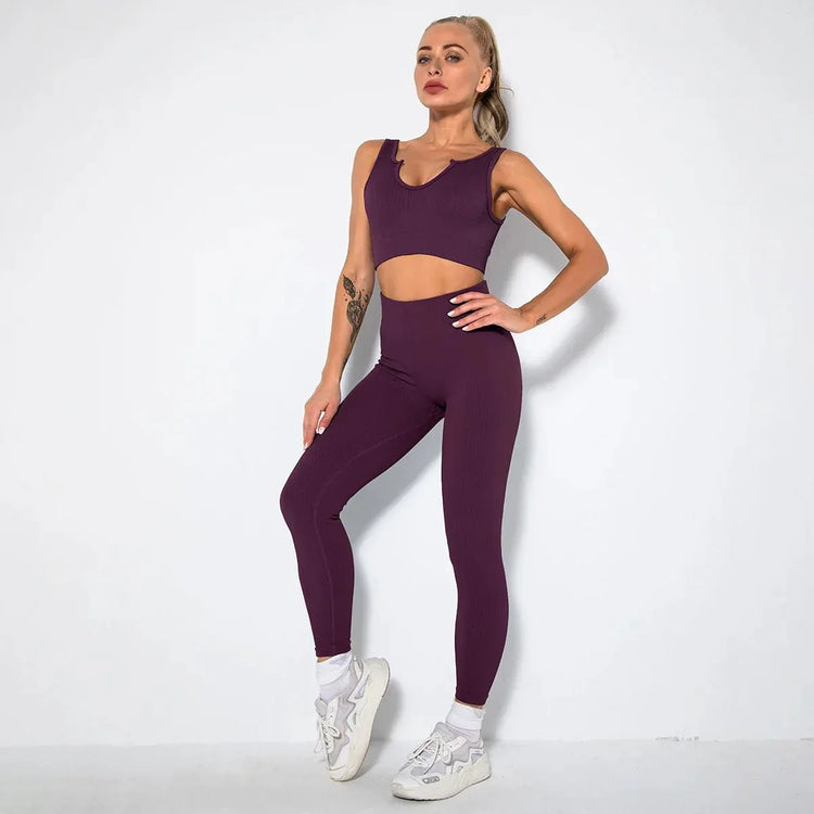 Summer Seamless Fitness Set - Sexy UV Neck Top With Leggings Activewear 2 Piece Women’s Gym Outfit - Allen-Fitness