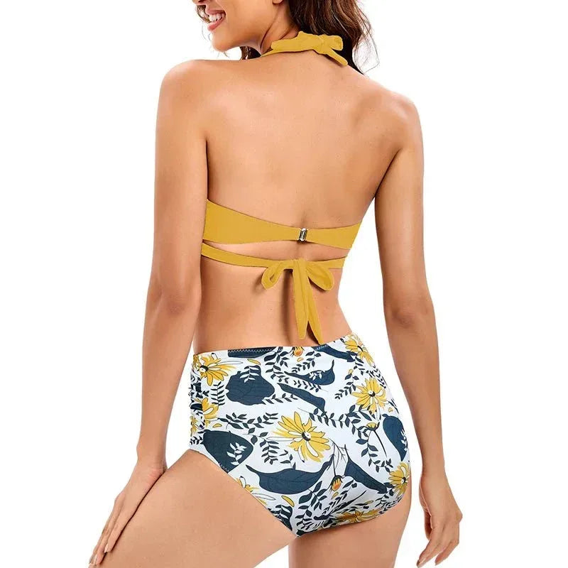 Bikini Set Ruched Swimwear Women Print Swimsuit Push Up High Waist Bikinis Plus Size Bathing Suit - Allen-Fitness
