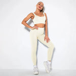 Summer Seamless Fitness Set - Sexy UV Neck Top With Leggings Activewear 2 Piece Women’s Gym Outfit - Allen-Fitness