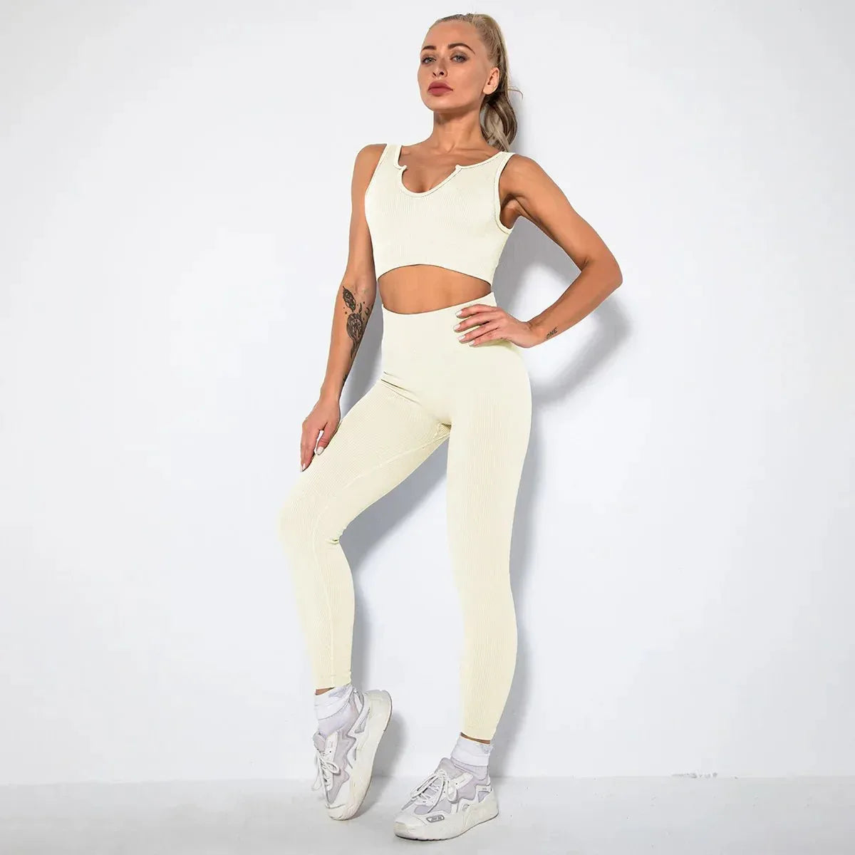 Summer Seamless Fitness Set - Sexy UV Neck Top With Leggings Activewear 2 Piece Women’s Gym Outfit - Allen-Fitness