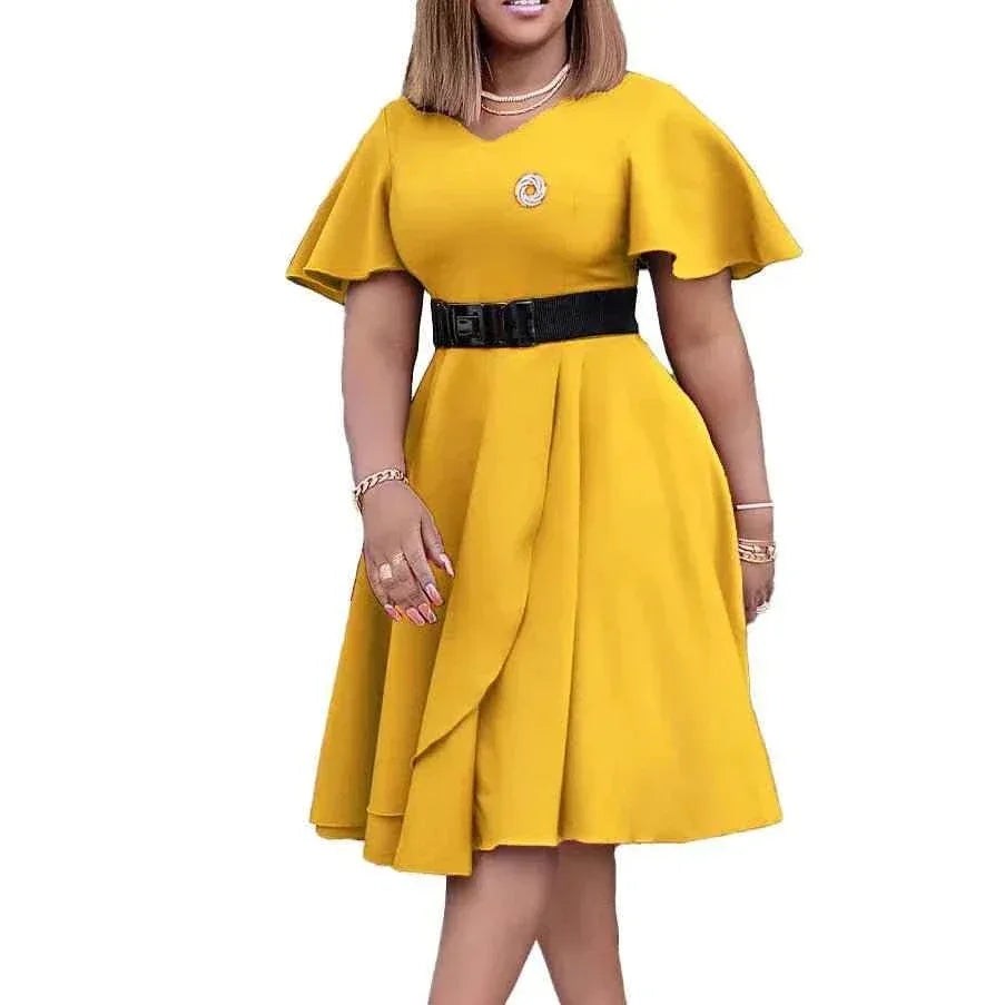 V Neck High Waist Loose Plus Size Dress with Asymmetric Hem - Allen-Fitness