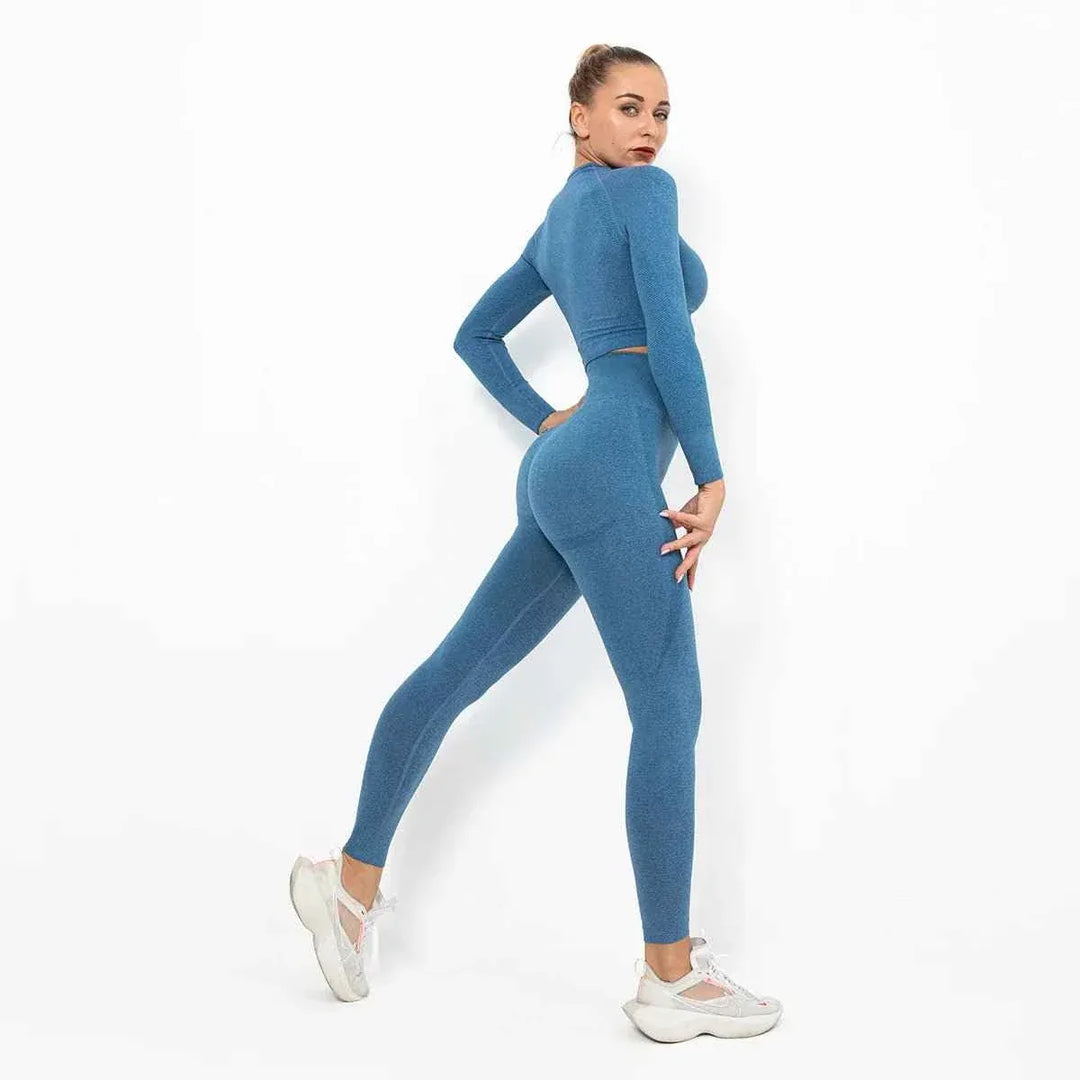Women Seamless Long Sleeve Top And Leggings Set Yoga Workout Suit - Allen-Fitness