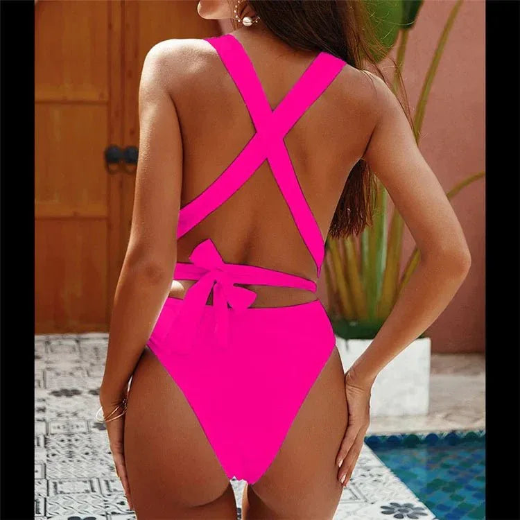 Women Fashion new style Pure color deep v Backless Sexy lace up one-piece swimwear - Allen-Fitness