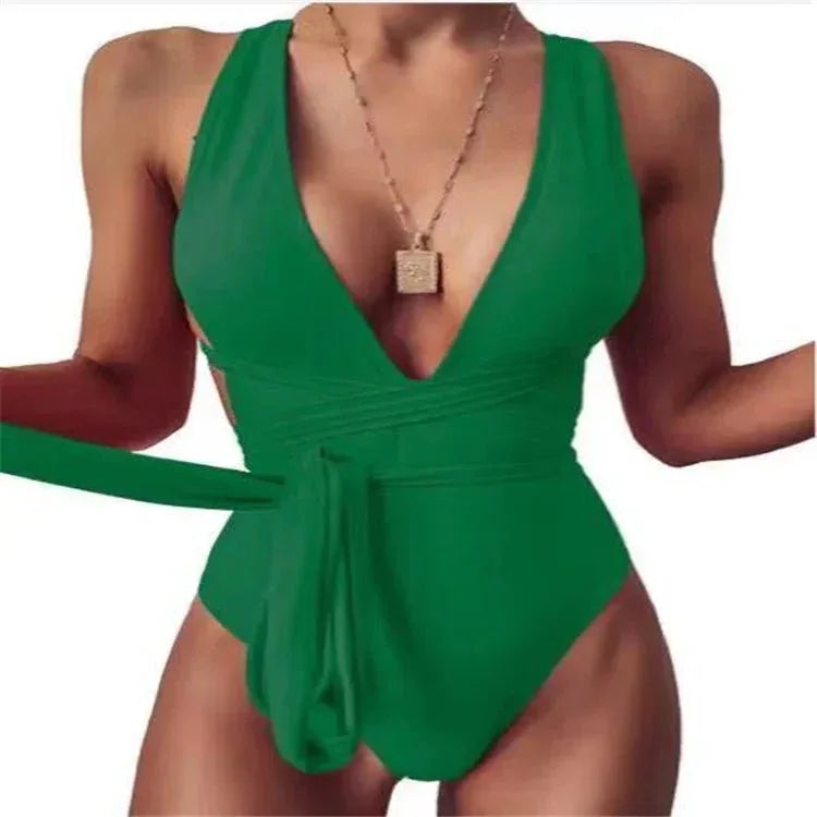 Women Fashion new style Pure color deep v Backless Sexy lace up one-piece swimwear - Allen-Fitness