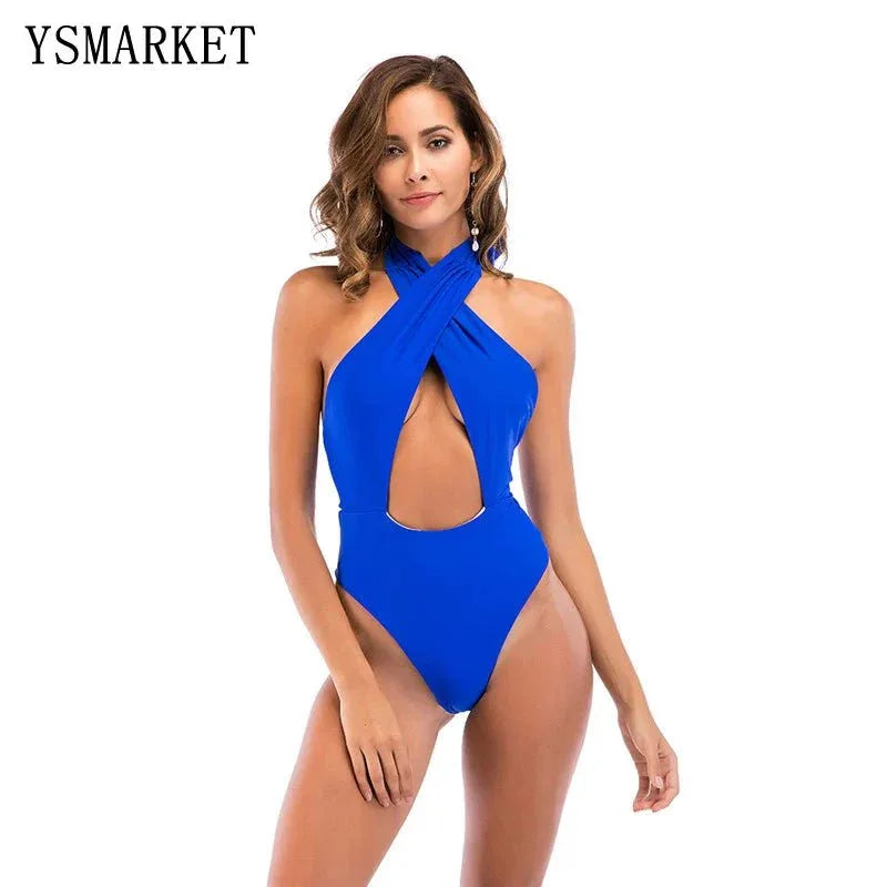 Sexy Lady Hanging Neck One-Piece Swimsuit - Solid Color - Womens Swimwear - Allen-Fitness