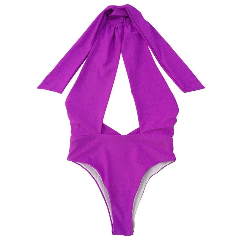 Sexy Lady Hanging Neck One-Piece Swimsuit - Solid Color - Womens Swimwear - Allen-Fitness