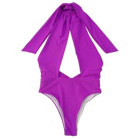 Sexy Lady Hanging Neck One-Piece Swimsuit - Solid Color - Womens Swimwear - Allen-Fitness