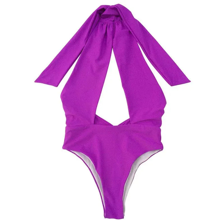 Sexy Lady Hanging Neck One-Piece Swimsuit - Solid Color - Womens Swimwear - Allen-Fitness
