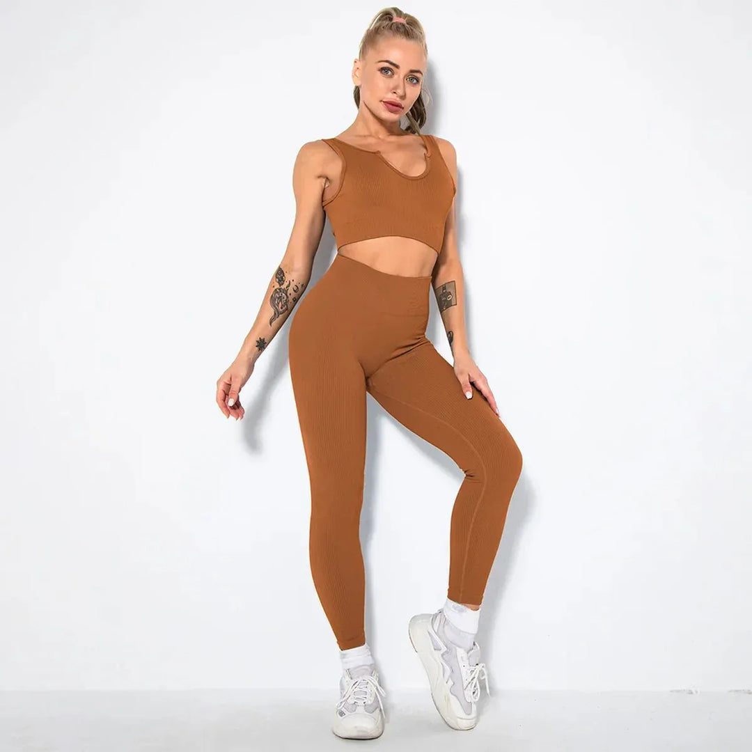 Summer Seamless Fitness Set - Sexy UV Neck Top With Leggings Activewear 2 Piece Women’s Gym Outfit - Allen-Fitness