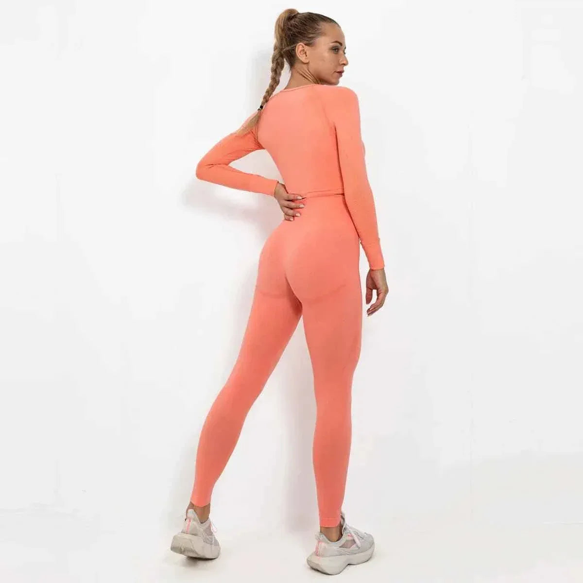 Women Seamless Long Sleeve Top And Leggings Set Yoga Workout Suit - Allen-Fitness
