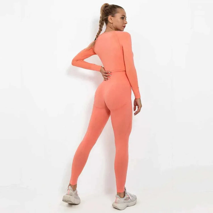 Women Seamless Long Sleeve Top And Leggings Set Yoga Workout Suit - Allen-Fitness