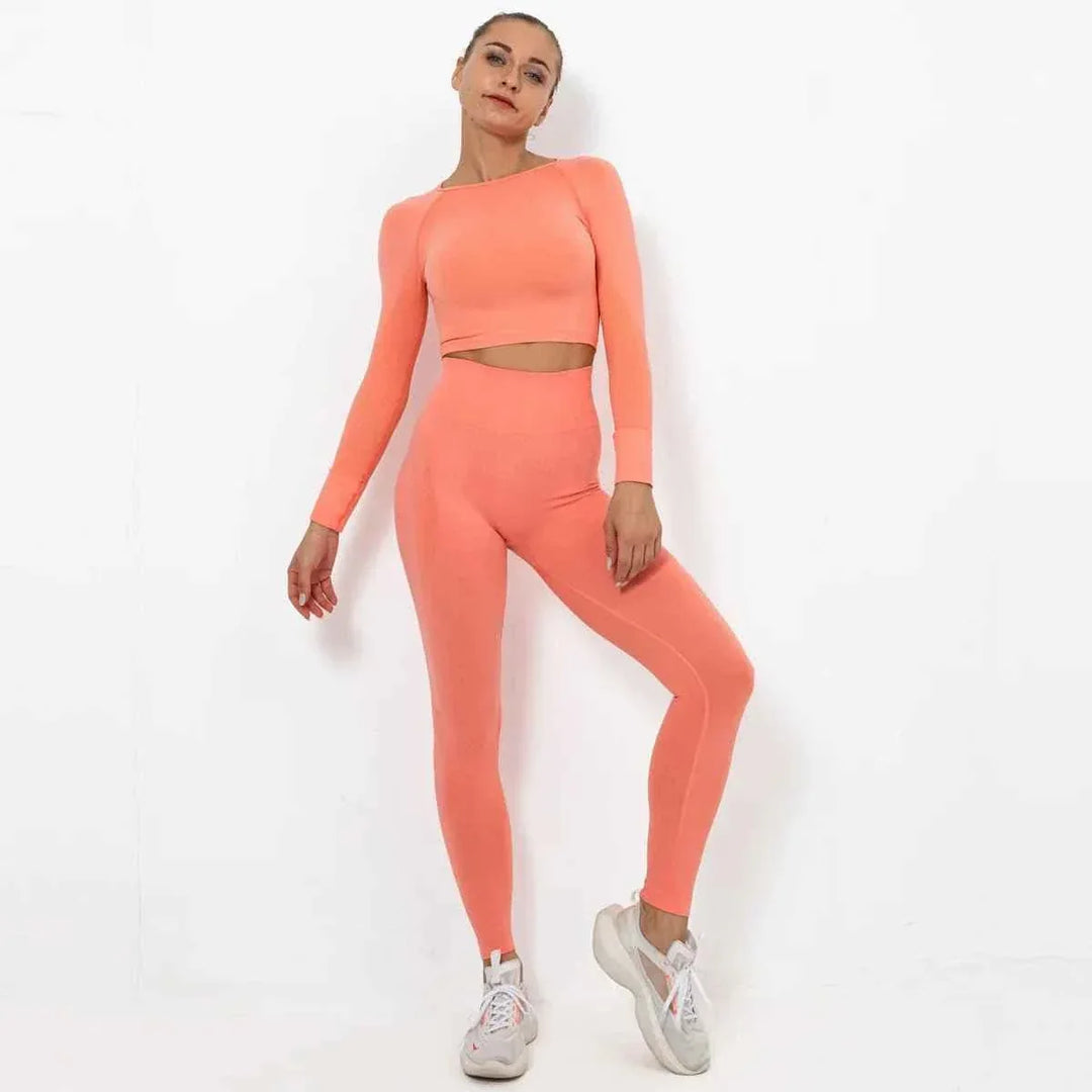 Women Seamless Long Sleeve Top And Leggings Set Yoga Workout Suit - Allen-Fitness