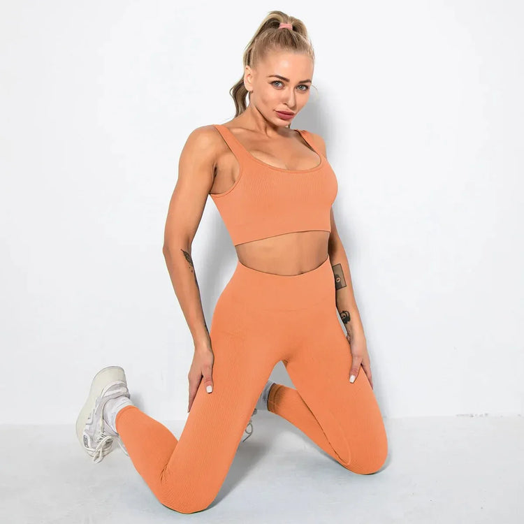 Summer Seamless Fitness Set - Sexy UV Neck Top With Leggings Activewear 2 Piece Women’s Gym Outfit - Allen-Fitness