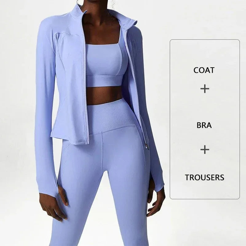 Plus Size Three-piece Athletic Wear Woman Xxl Size Sports Bra And Leggings Ladies Sexy Zipper Jacket Fitness Clothes Workout Set - Allen-Fitness