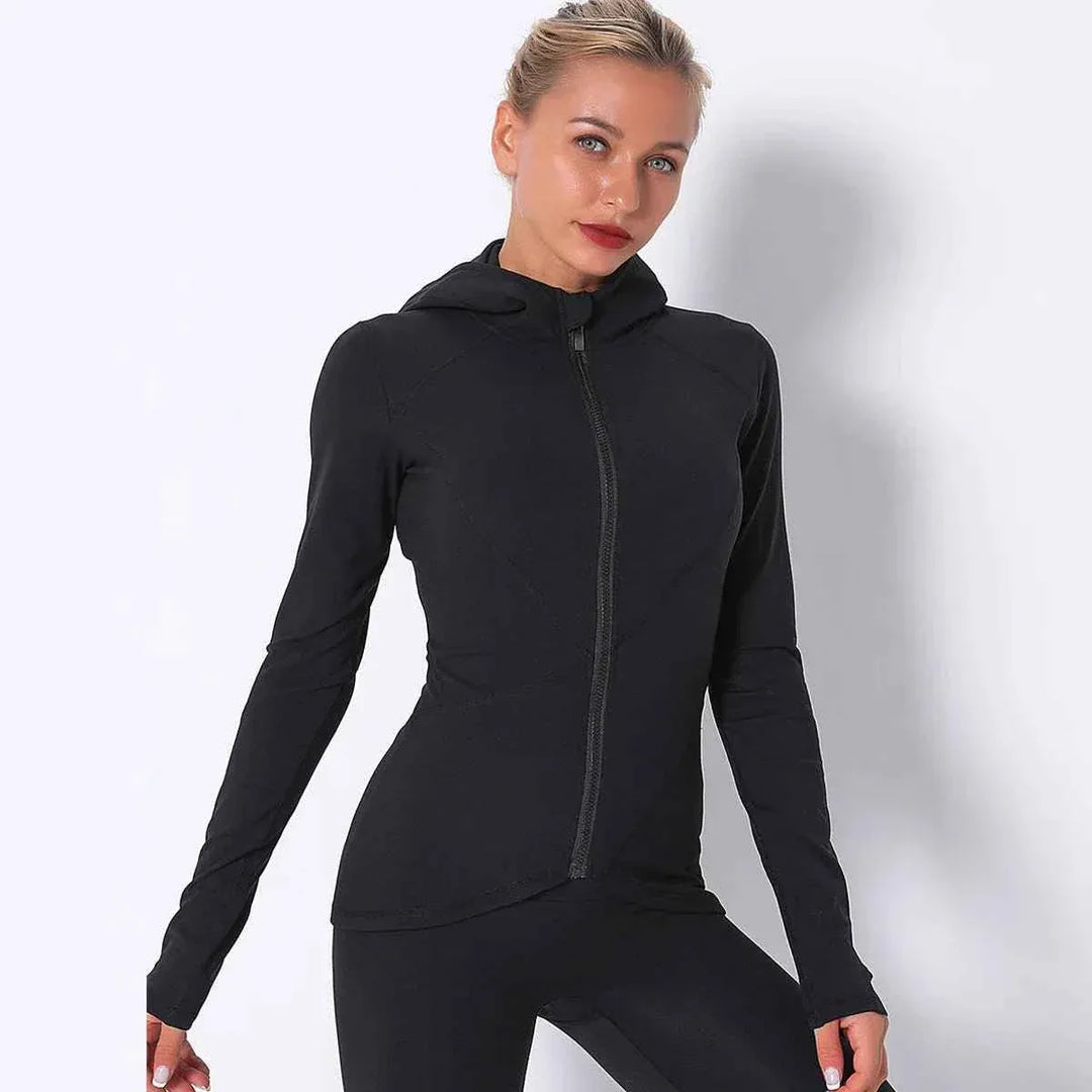 Women Autumn Zipper Design Long Sleeve Gym Fitness Running Jogger Outfit With Hood - Allen-Fitness
