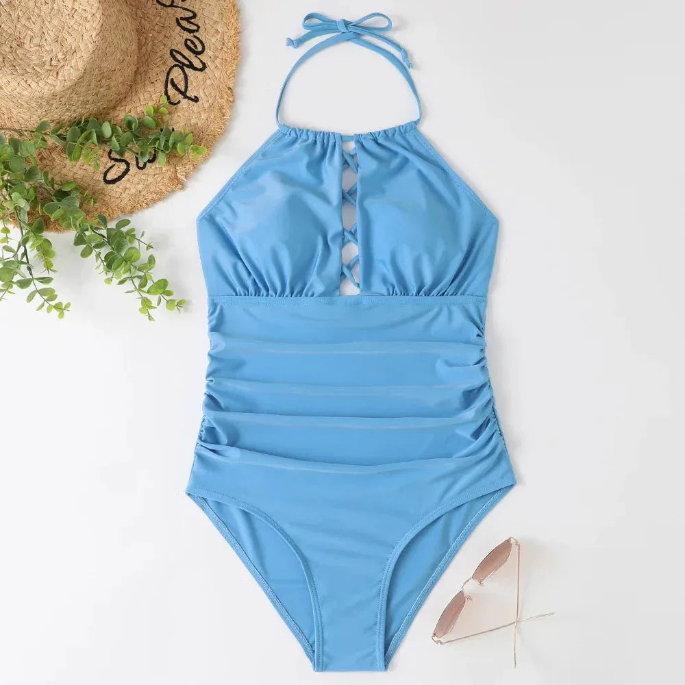 Hot Summer One Piece Swimsuit Sexy Floral Printed Women Halter Lace Up Swimwear Bathing Suit - Allen-Fitness