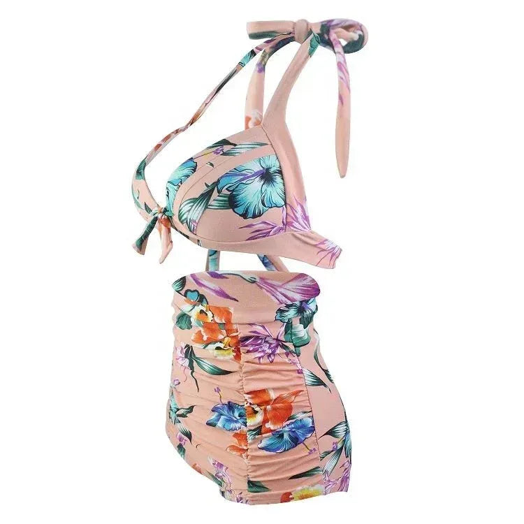 Plus size two piece swimwear hanging neck front bow swimwear women high waist digital prints Vintage Swimsuits - Allen-Fitness