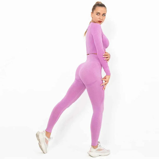 Women Seamless Long Sleeve Top And Leggings Set Yoga Workout Suit - Allen-Fitness