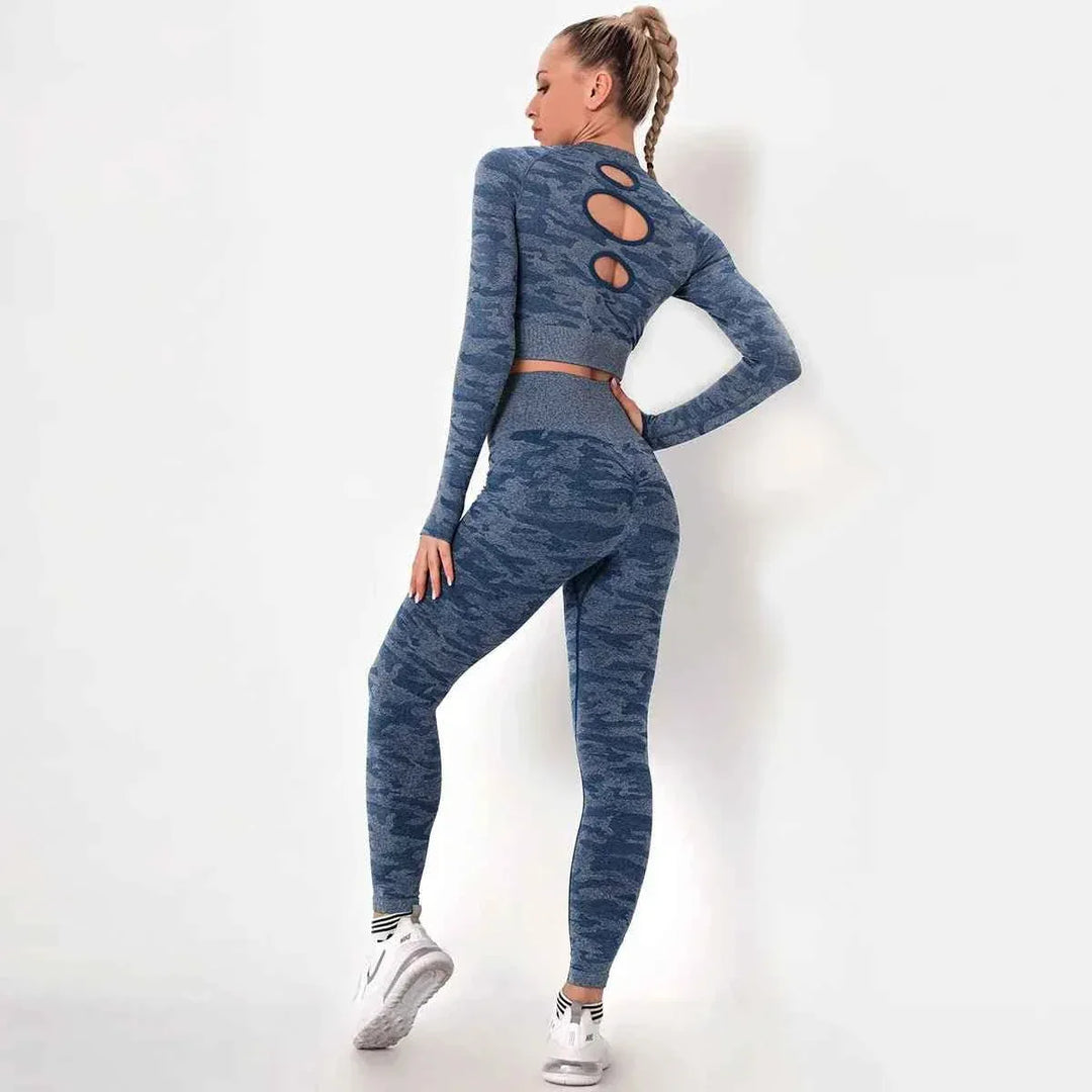 Women’s Camouflage Activewear Yoga Suit - 2 Pc Backless Long Sleeve Top &amp; Seamless Leggings Set - Workout Clothes for Women - Allen-Fitness