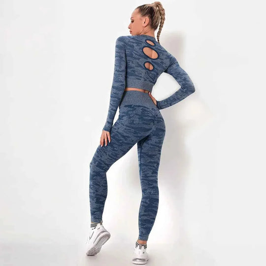 Women’s Camouflage Activewear Yoga Suit - 2 Pc Backless Long Sleeve Top &amp; Seamless Leggings Set - Workout Clothes for Women - Allen-Fitness
