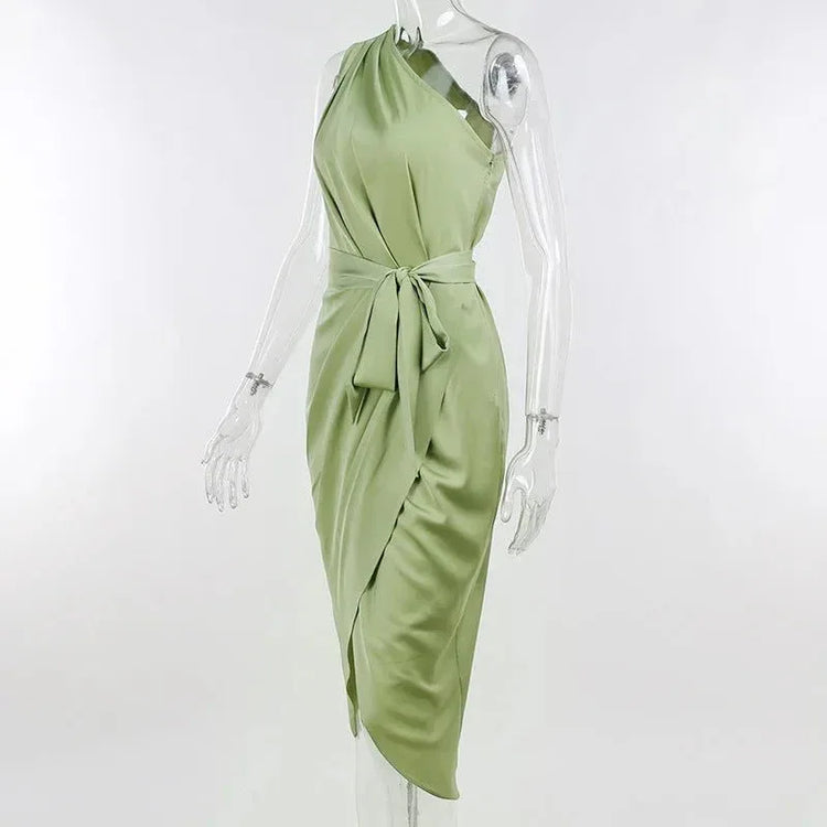one shoulder bodycon dress satin surplice ruched casual women dress elegant - Allen-Fitness