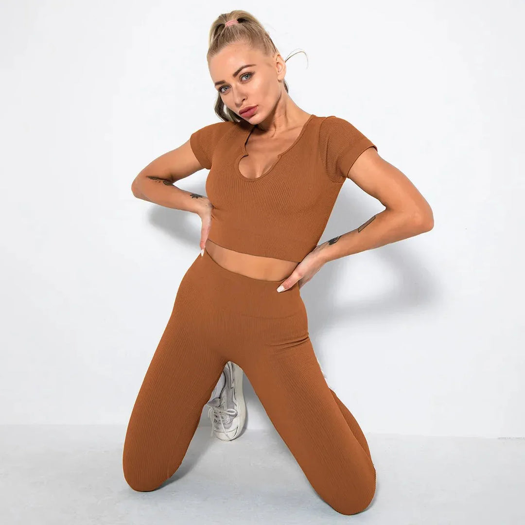 Summer Seamless Fitness Set - Sexy UV Neck Top With Leggings Activewear 2 Piece Women’s Gym Outfit - Allen-Fitness