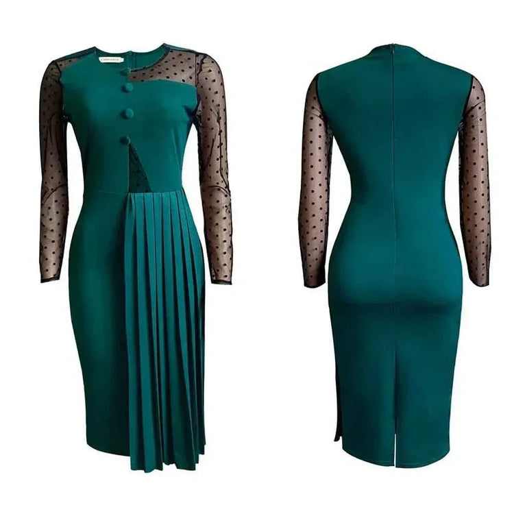 Fashion Mesh Splicing Slim Warp Hip Split Women Office Dress - Allen-Fitness
