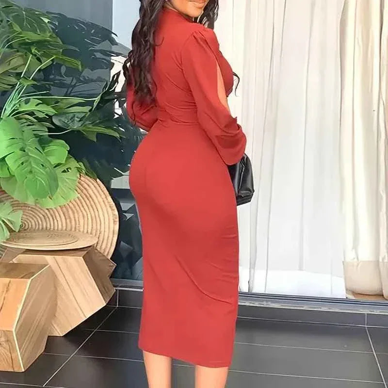 Puff Sleeve Bodycon Midi Dress - Elegant Office Dresses for Women - Allen-Fitness