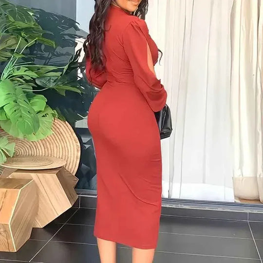 Puff Sleeve Bodycon Midi Dress - Elegant Office Dresses for Women - Allen-Fitness