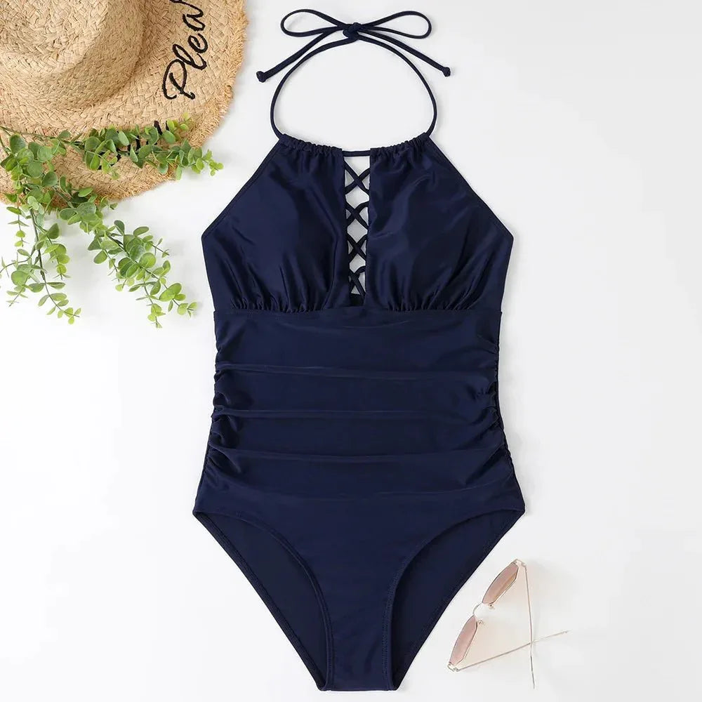 Hot Summer One Piece Swimsuit Sexy Floral Printed Women Halter Lace Up Swimwear Bathing Suit - Allen-Fitness