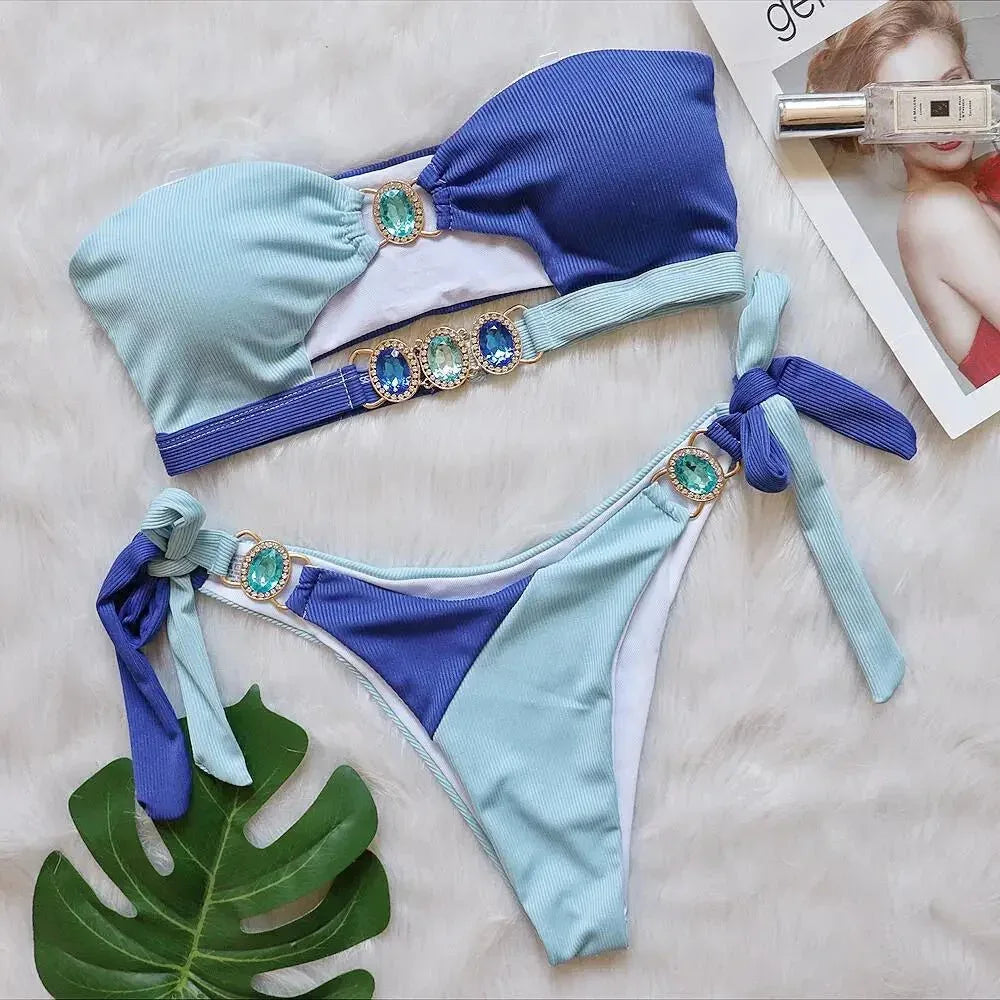 Shiny Crystal Diamonds 2-Piece Women Swimwear Set with Rhinestone Tie - Allen-Fitness