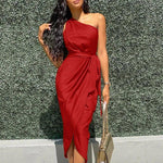 one shoulder bodycon dress satin surplice ruched casual women dress elegant - Allen-Fitness