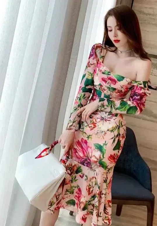 Spring Women's Retro Mid-Length Dress - Long Sleeve, Printed, Tight & Casual - Allen-Fitness