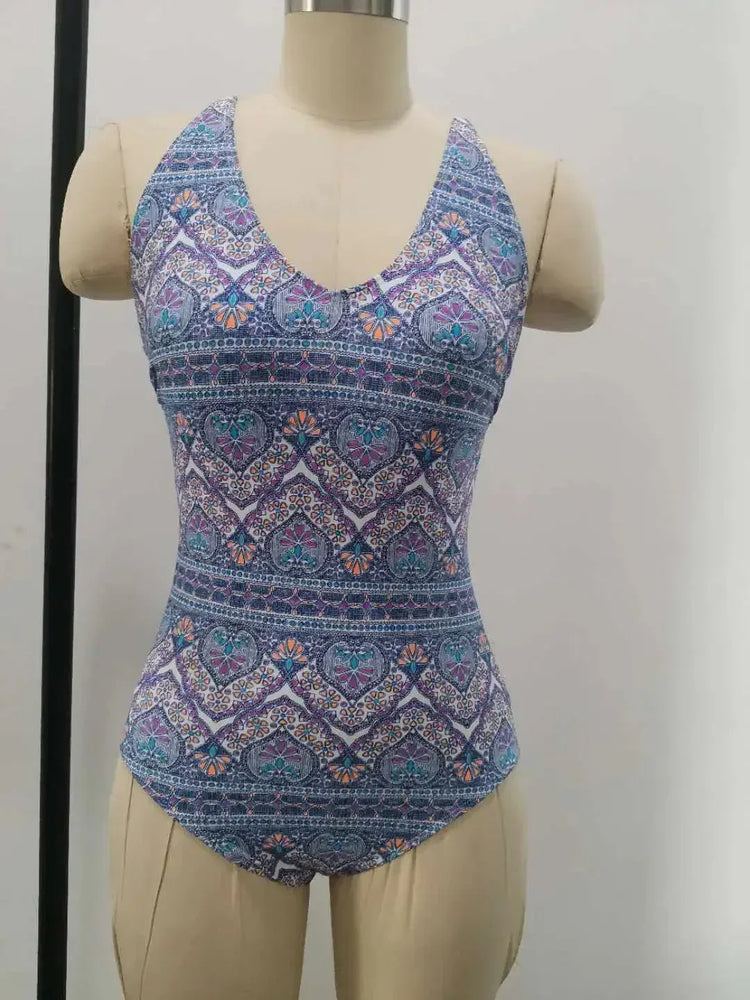 Striped Floral Deep V Beach Bodysuit - Trendy Swimwear for Women - Allen-Fitness