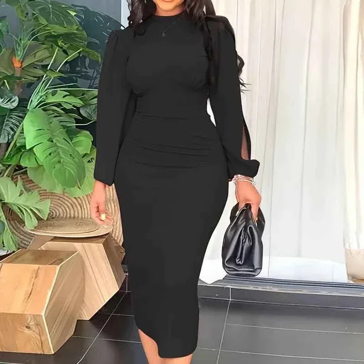 Puff Sleeve Bodycon Midi Dress - Elegant Office Dresses for Women - Allen-Fitness