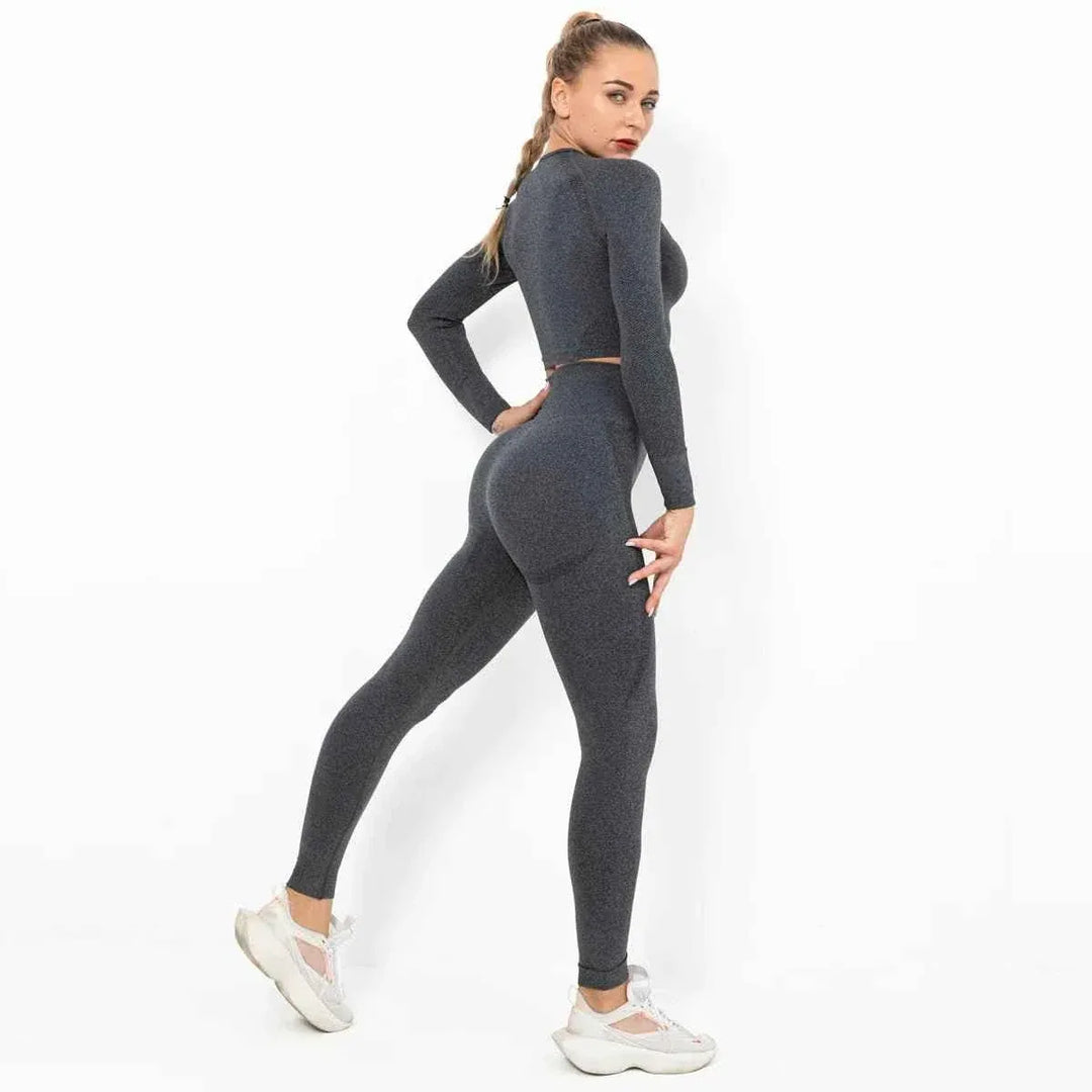 Women Seamless Long Sleeve Top And Leggings Set Yoga Workout Suit - Allen-Fitness