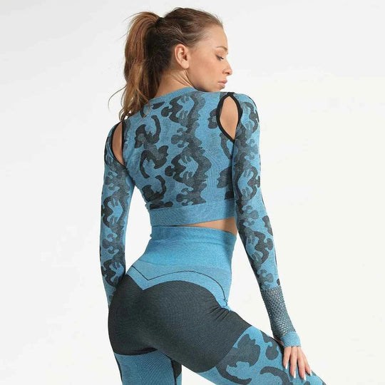 Summer Long Sleeve Crop Top Women Fitness Gym Yoga Sports Camouflage Seamless Breathable Yoga Top - Allen-Fitness