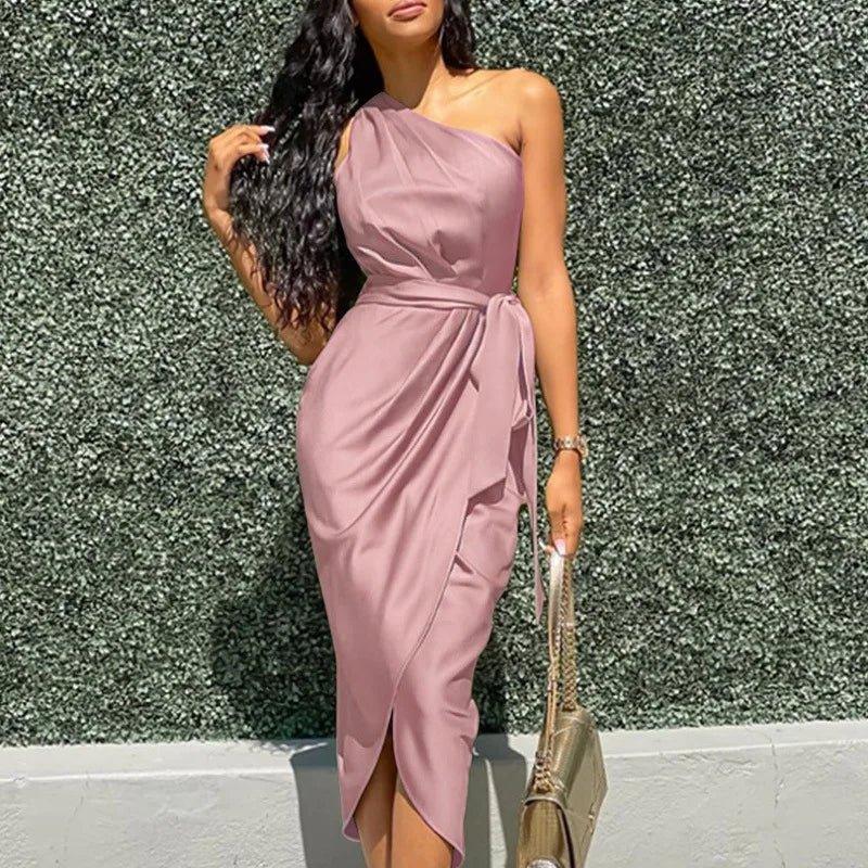 one shoulder bodycon dress satin surplice ruched casual women dress elegant - Allen-Fitness