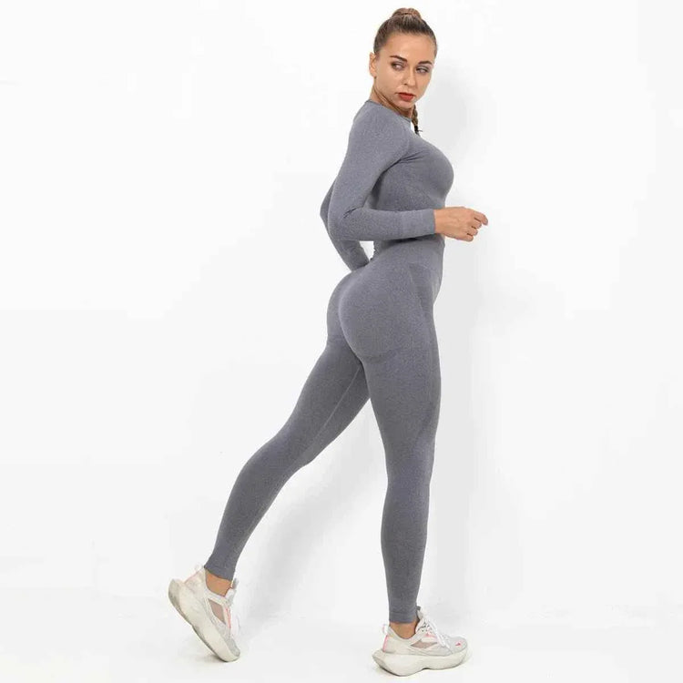 Women Seamless Long Sleeve Top And Leggings Set Yoga Workout Suit - Allen-Fitness
