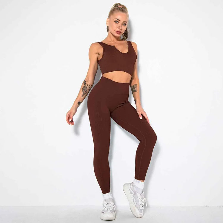 Seamless Sexy 2 Piece Active Wear Set - Women's U V Neck Gym Leggings & Top for Yoga & Fitness - Allen-Fitness