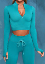 Front Zip Long Sleeve Crop Top Seamless Ribbed Texture Full Length High Waist Workout Fitness Legging workout clothes set - Allen-Fitness