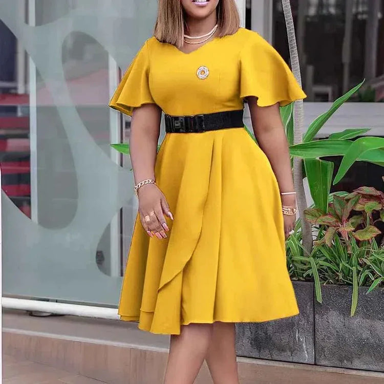V Neck High Waist Loose Plus Size Dress with Asymmetric Hem - Allen-Fitness